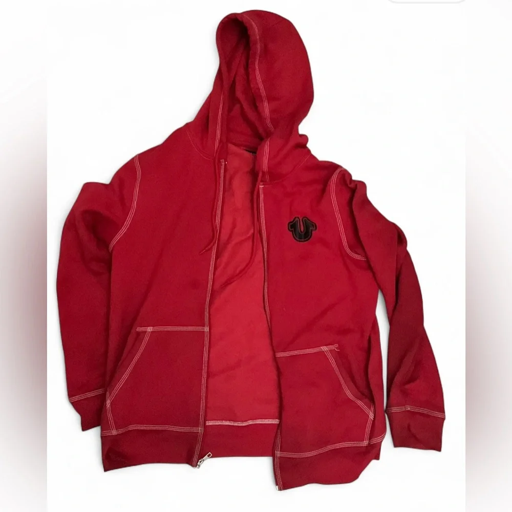 True Religion Men’s Large Red Black Zip Up Jacket Logo Long Sleeve Streetwear